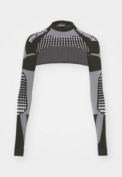 Schwarz-weißer langärmeliger Cropped-Top mit hohem Hals, das gepunktete und gestreifte Muster aufweist. Das Material scheint dehnbar und strukturiert zu sein.