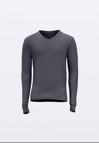 Maglione grigio a maniche lunghe con scollo a V, tessuto a maglia testurizzato, polsini e orlo a coste. Design semplice senza accenti o motivi aggiuntivi.