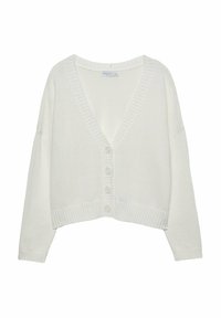 White, cropped cardigan made from soft knit material, featuring a deep V-neck, ribbed accents, and five buttons down the front.