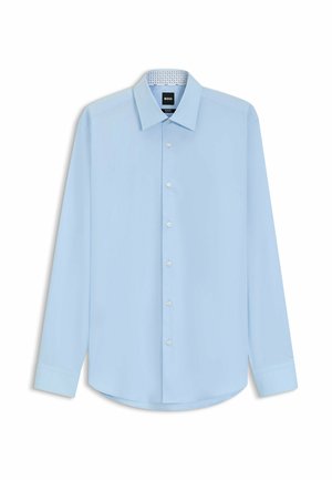 Light blue long-sleeve button-up shirt made from smooth fabric, featuring a structured collar and a patterned inner collar lining.