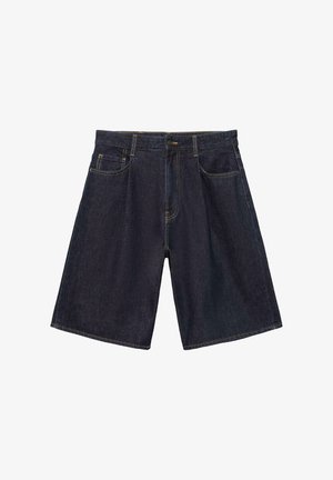 Dunkelblaue Jeans-Shorts knielang mit Vordertaschen, Gürtelschlaufen, Knopfverschluss und sichtbaren Nähten.