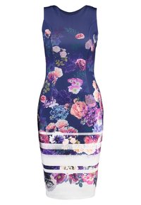 Robe ajustée à imprimé floral avec une base bleu marine, des motifs de fleurs colorés, une silhouette sans manches et une coupe au genou agrémentée d'accents rayés transparents.
