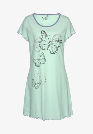 Nachtkleid in leichtem mintgrün aus weichem Stoff, mit schwarzen Schmetterlingsmotiven und lila Akzenten am Kragen und Saum.