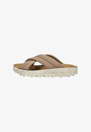 Krydsrem slide sandal i taupe stof med en tekstureret korksål. Har en hvidsprækket gummisål med bølgede kanter.