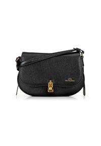 Sac à épaule en cuir noir avec finition texturée, quincaillerie dorée, rabat repliable et bandoulière réglable. Logo de la marque embossé à l'avant.