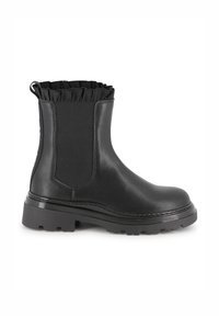 Bottines noires présentant un extérieur en cuir lisse, des panneaux latéraux élastiques et un col froncé. Semelle en caoutchouc épais avec un design de semelle robuste.