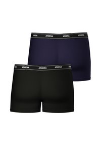 Boxers en coton noir et marine avec taille élastique, arborant un logo "ATHENA" en répétition et des détails de couture contrastants.