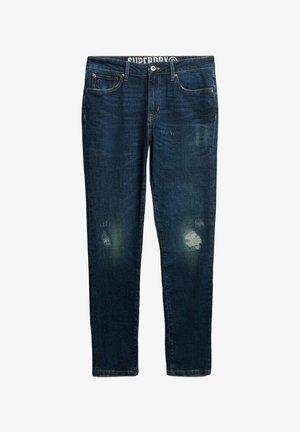 Donkerblauwe denim jeans met een slim fit, voorzien van versleten stukken en vervaging. De tailleband toont het 'Superdry' logo.