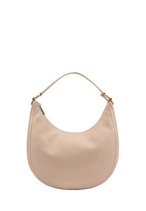 Beige leather hobo bag with a rounded shape, short shoulder strap, and subtle stitching detail. Features a zipper closure on the side.