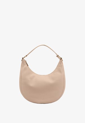 Beige leren hobo tas met een afgeronde vorm, korte schouderriem en subtiele stiksels. Voorzien van een ritsluiting aan de zijkant.