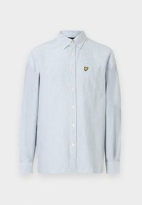 Μπλε και λευκό ριγέ πουκάμισο μακρυμάνικο με γιακά με κουμπιά και τσέπη στο στήθος με μικρό κεντητό λογότυπο.