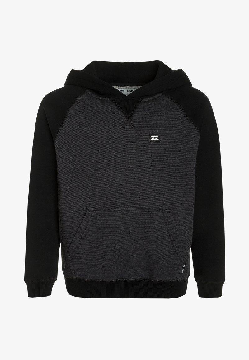 Sweat à capuche noir et gris foncé avec poche avant et petit logo blanc sur la poitrine.