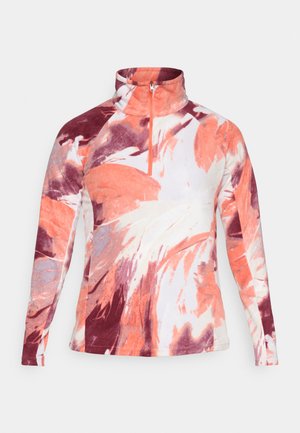 Pull en polaire avec un col haut, doté d'une fermeture éclair. Les couleurs incluent l'orange, le blanc et le bourgogne dans un motif floral. Texture douce.