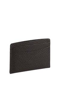 Black leather cardholder with a textured surface, featuring four card slots and a minimalist design. Rectangle shape, no visible hardware.
