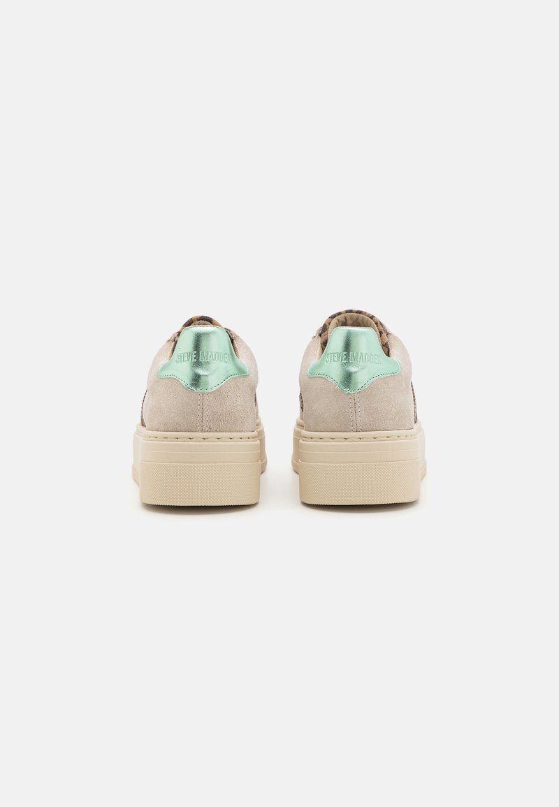 Beige Wildlederschuhe mit einer strukturierten Plattformsohle, ausgestattet mit einem mintgrünen Akzent an der Ferse und einem braun gemusterten Innenraum.