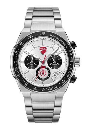 Chronograafhorloge van roestvrij staal met zilverkleurige wijzerplaat, zwarte subdials, roodse secondewijzer, Ducati-logo, tachymeterraam en datumvenster op 4 uur.