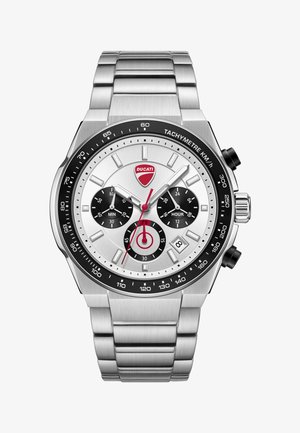 Chronograafhorloge van roestvrij staal met zilverkleurige wijzerplaat, zwarte subdials, roodse secondewijzer, Ducati-logo, tachymeterraam en datumvenster op 4 uur.