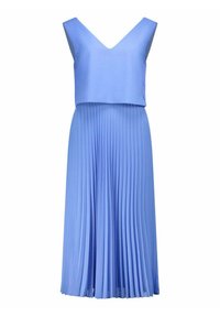 Un vestito senza maniche di colore azzurro chiaro con scollatura a V e gonna plissettata. Presenta una superficie liscia e due bottoni sul lato del corpetto.