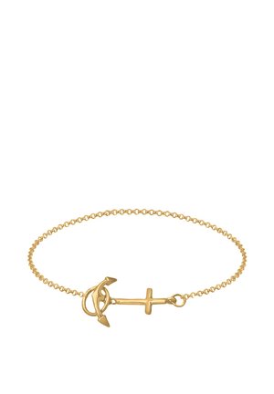 Guldkæde armbånd med en anker- og korscharmer. Designet inkluderer runde led og en glat, poleret finish.