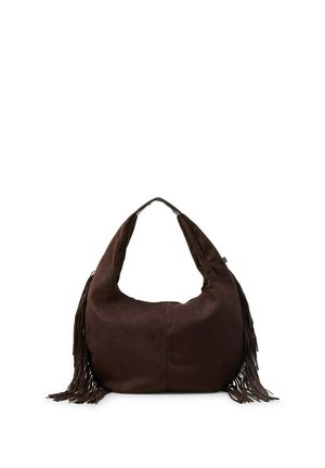 Dunkelbraune Veloursleder-Hobo-Tasche mit breitem Riemen und langen Fransen, die an beiden Seiten hängen.