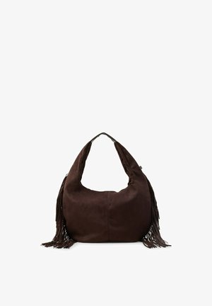 Dunkelbraune Veloursleder-Hobo-Tasche mit breitem Riemen und langen Fransen, die an beiden Seiten hängen.
