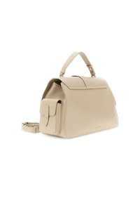 Borsa a mano in pelle beige con design strutturato, manico superiore, tracolla removibile, tasca esterna e superficie liscia.