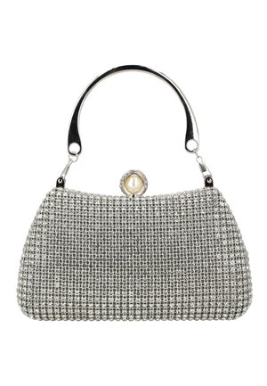 Sølvmetalnet aftenkobling med et metallisk top-håndtag og perleaccentet lukning.