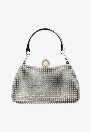 Ezüst hálós estélyi kézitáska fémes felső fogantyúval és gyönggyel díszített kapoccsal.