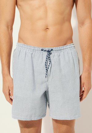 Men's swim shorts in a blue and white striped pattern, featuring an elastic waistband with a drawstring and a soft, lightweight fabric.