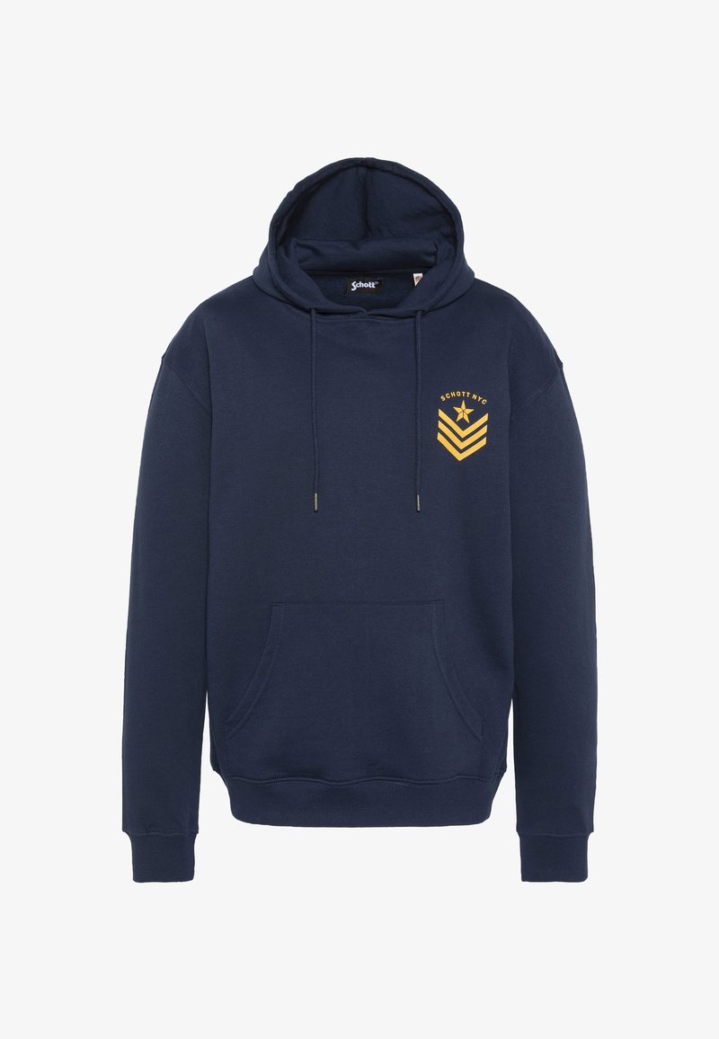 Granatowa bluza z kapturem wykonana z bawełnianej mieszanki. Posiada przednią kieszeń, kaptur ze sznurkiem oraz żółty nadruk na lewej piersi.