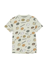 Grön kortärmad t-shirt i bomull med olika smiley-ansikten i nyanser av brunt, gult och vitt tillsammans med lekfull text.
