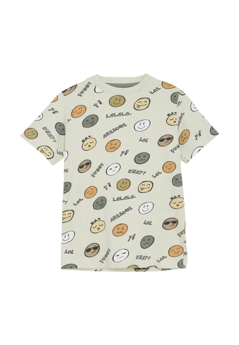 Grön kortärmad t-shirt i bomull med olika smiley-ansikten i nyanser av brunt, gult och vitt tillsammans med lekfull text.