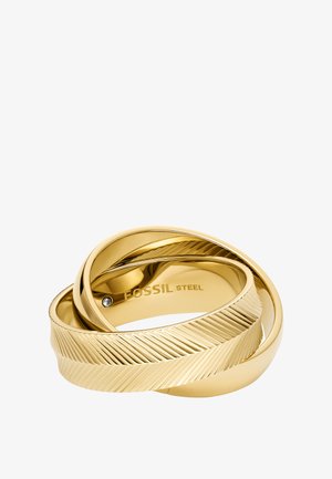 Bracelet en ton or présentant des bandes entrelacées avec un motif texturé et côtelé, ainsi qu'une finition lisse. Comprend une petite pierre d'accent. Nom de la marque visible.