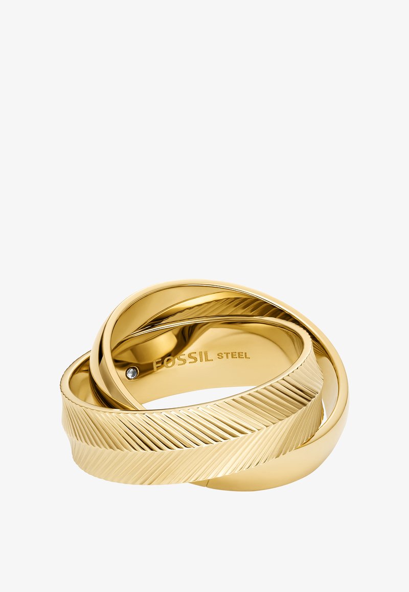 Armbanduhr in goldfarbener Ausführung mit ineinander verschlungenen Bändern, die ein strukturiertes, geripptes Muster und eine glatte Oberfläche aufweisen. Enthält einen kleinen Akzentstein. Markenname sichtbar.