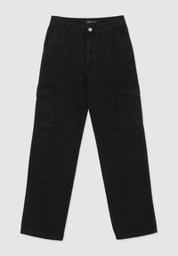 Pantaloni cargo neri con un design a gamba dritta, dotati di due tasche laterali, chiusura con bottone e un tessuto texture.