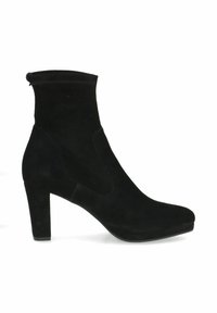 Stivaletti neri in suede con tacco a blocco alto, pannelli laterali elasticizzati e texture liscia, caratterizzati da una punta arrotondata e un design minimal.