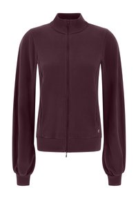 Burgundy zip-up jacka med hög krage, långa puffärmar, ribbade mudd och fåll, slät tyg och en liten logotyp på den nedre sidan.