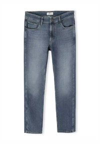 Ciemnoniebieskie dżinsy o prostym kroju, z przednimi kieszeniami i zamek błyskawiczny. Charakteryzują się delikatnym przecieraniem i starannym wykończeniem.