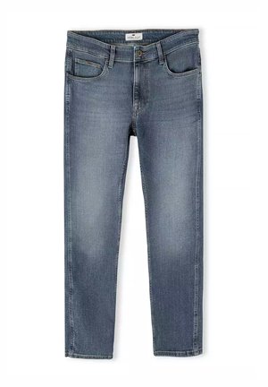 Ciemnoniebieskie dżinsy o prostym kroju, z przednimi kieszeniami i zamek błyskawiczny. Charakteryzują się delikatnym przecieraniem i starannym wykończeniem.