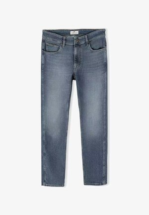 Ciemnoniebieskie dżinsy o prostym kroju, z przednimi kieszeniami i zamek błyskawiczny. Charakteryzują się delikatnym przecieraniem i starannym wykończeniem.