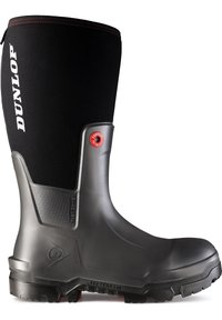 Dunlop waterproof boot with a smooth black rubber body, textured gray accents, sturdy grip sole, and a logo detail near the top.