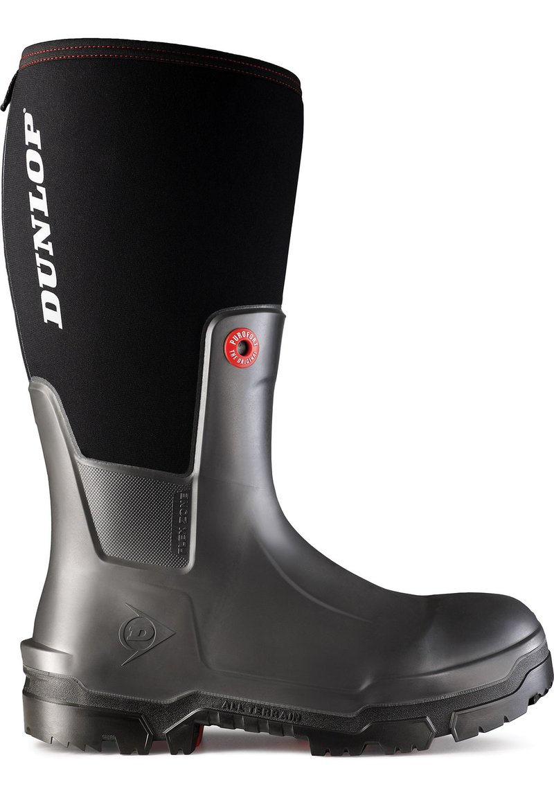 Dunlop waterproof boot with a smooth black rubber body, textured gray accents, sturdy grip sole, and a logo detail near the top.