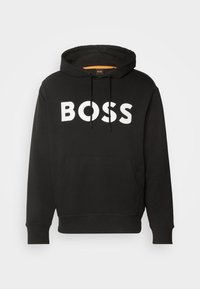 Sweat à capuche noir avec poche avant et texte blanc "BOSS" sur la poitrine, doté d'une capuche avec cordon et de poignets côtelés.