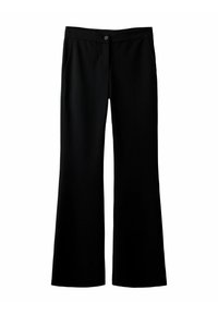 Mustad mustad püksid, mis on valmistatud sileda kangaga, esiosal nupuga, kahe küljetaskuga ja istuva värvli keskosaga. Puhtad, sirged jooned.