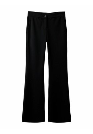 Pantalons évasés noirs en tissu lisse, dotés d'un bouton à l'avant, de deux poches latérales et d'une taille ajustée. Lignes épurées et droites.