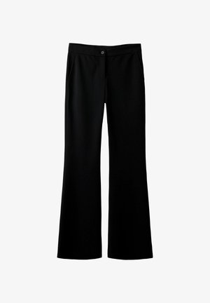 Melnas platas bikses, kas izgatavotas no gludas auduma, ar priekšējo pogu, divām sānu kabatām un pieguļošu jostasvietu. Tīras, taisnas līnijas.