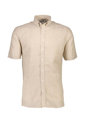 Kortærmet skjorte med knapper i lys beige linned, med en klassisk krave og en subtil tekstur samt hvide knapper foran.