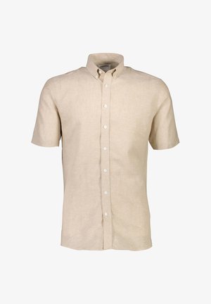 Camisa de manga corta abotonada en lino de color beige claro, con un cuello clásico y una textura sutil, con botones blancos en el frente.