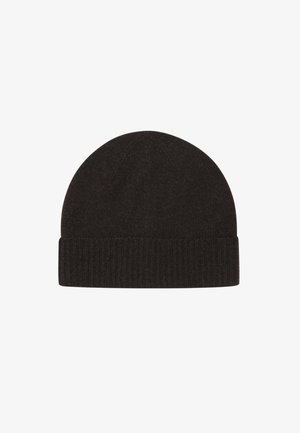 Bonnet en tricot marron avec un sommet arrondi et un revers en côte. Fabriqué à partir d'un matériau doux et texturé. Design simple et minimaliste.