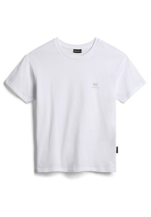 White short-sleeve crew neck t-shirt with small logo print and brand label on the front and side seam.